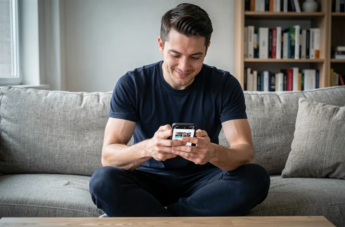 Homme utilisant une application mobile pour uploader et partager des GIFs rapidement depuis son canapé
