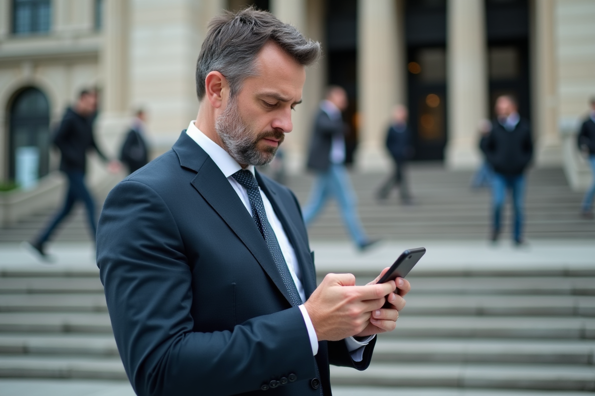 Homme d affaires utilisant son téléphone devant un bâtiment