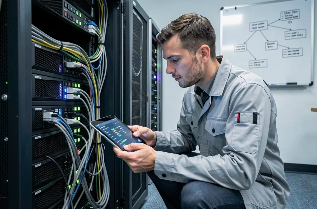 Technicien d'Ideaxe Services configurant un serveur réseau dans une entreprise à Grasse