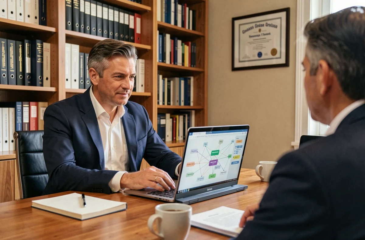 Consultant informatique d'Informaticien Professionnel présentant un plan réseau à un client dans un bureau à Grasse