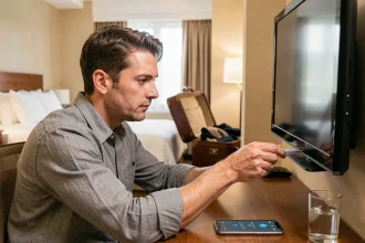 Homme branchant un Chromecast sur le port HDMI d'un téléviseur dans une chambre d'hôtel lors d'un voyage