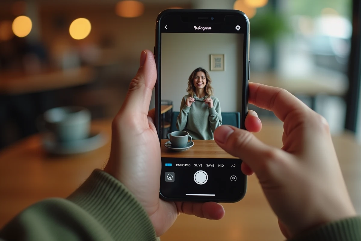 Gros plan d'un smartphone affichant l'interface Instagram pour enregistrer une story dans un café