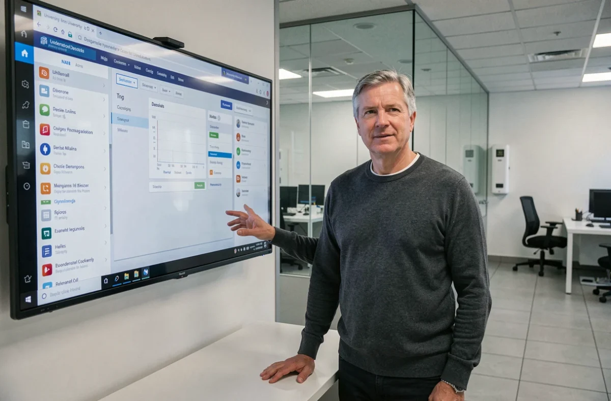 Administrateur universitaire présentant le tableau de bord numérique de l'intranet LEO sur un écran mural dans un service informatique