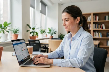 Étudiante ou employée universitaire utilisant l'intranet LEO de l'UGA sur un ordinateur portable dans un bureau moderne