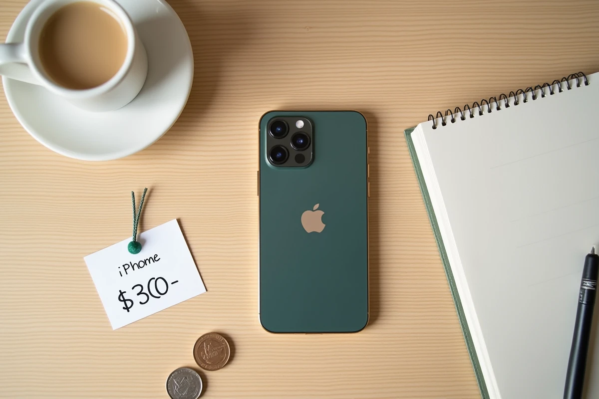 iPhone 12 Pro posé sur une table en bois avec une étiquette de prix et des pièces de monnaie pour illustrer la revente d'occasion
