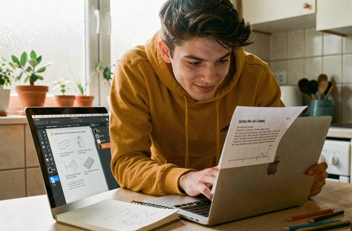Jeune adulte découvrant un logiciel de dessin sur Mac en suivant un guide imprimé dans une cuisine