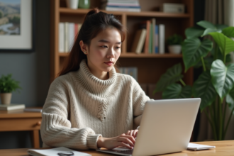 Jeune adulte au bureau à domicile avec ordinateur et plantes