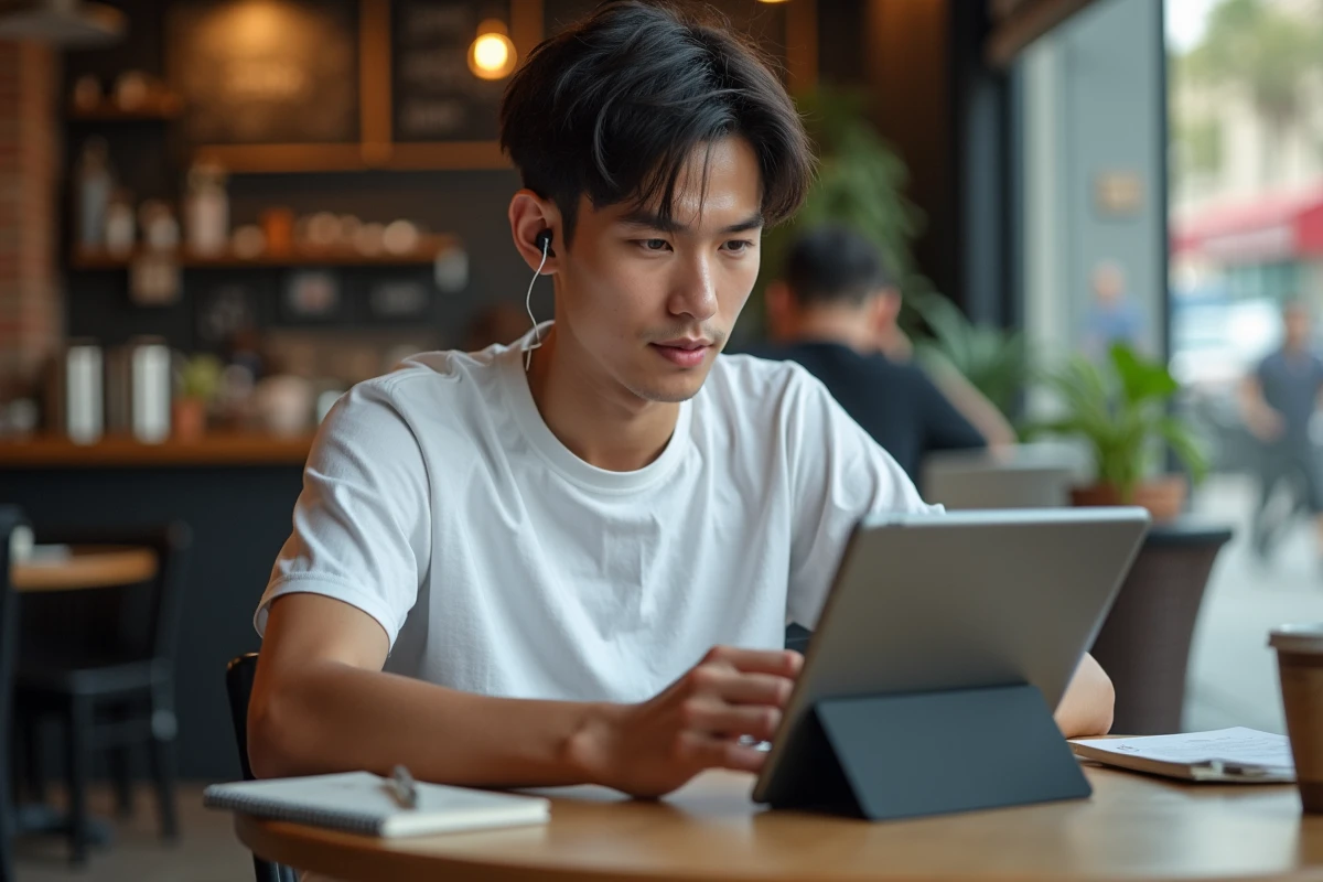 Jeune personne envoyant une pièce jointe via webmail IONOS sur une tablette dans un café urbain