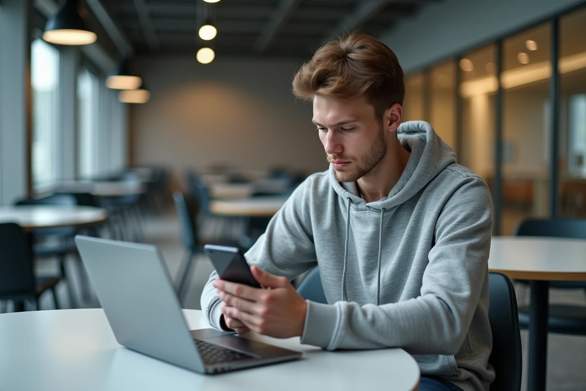 Jeune étudiant concentré avec smartphone et ordinateur portable
