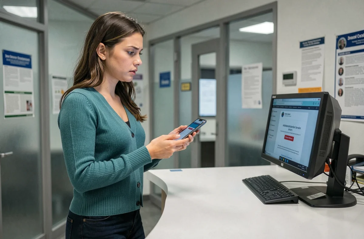 Jeune femme en administration consultant un message d'erreur d'authentification sur smartphone et ordinateur Melanie2web