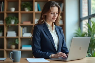 Jeune femme professionnelle vérifiant ses emails sur un ordinateur