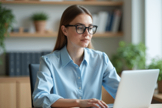 Jeune femme concentrée travaillant sur son ordinateur dans un bureau moderne