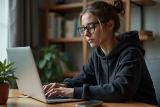 Jeune femme concentrée travaillant sur un ordinateur dans un bureau cosy
