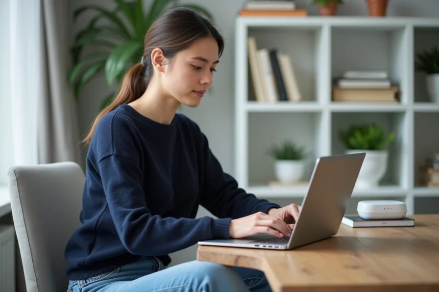 Jeune femme au bureau avec ordinateur portable moderne