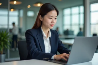 Jeune femme en blazer professionnel travaillant sur un ordinateur dans un bureau moderne