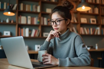 Jeune femme concentrée sur son laptop dans un café moderne