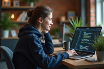 Jeune femme concentrée devant un ordinateur avec code dans un espace moderne
