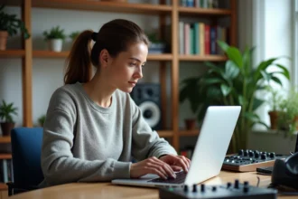 Jeune femme en création musicale numérique dans un espace créatif