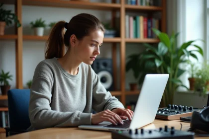 Jeune femme en création musicale numérique dans un espace créatif