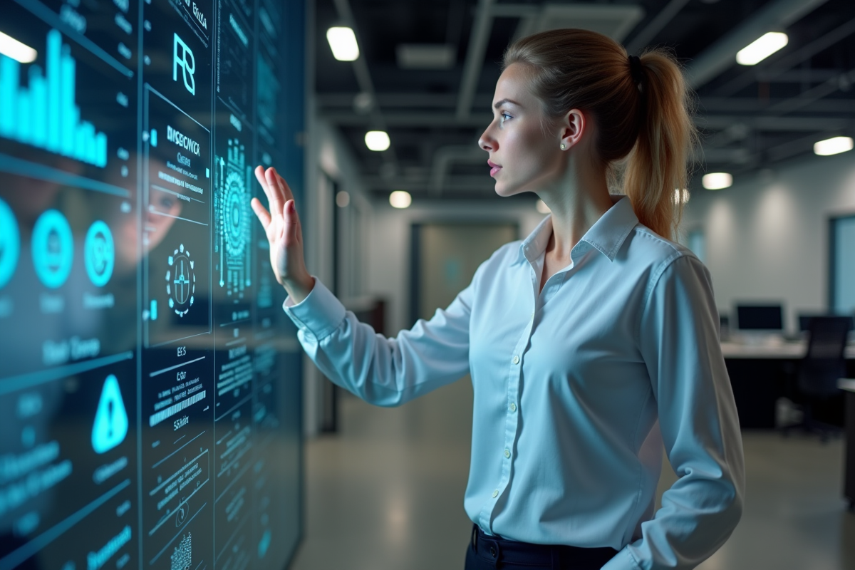 Jeune femme IT interagissant avec interface numérique