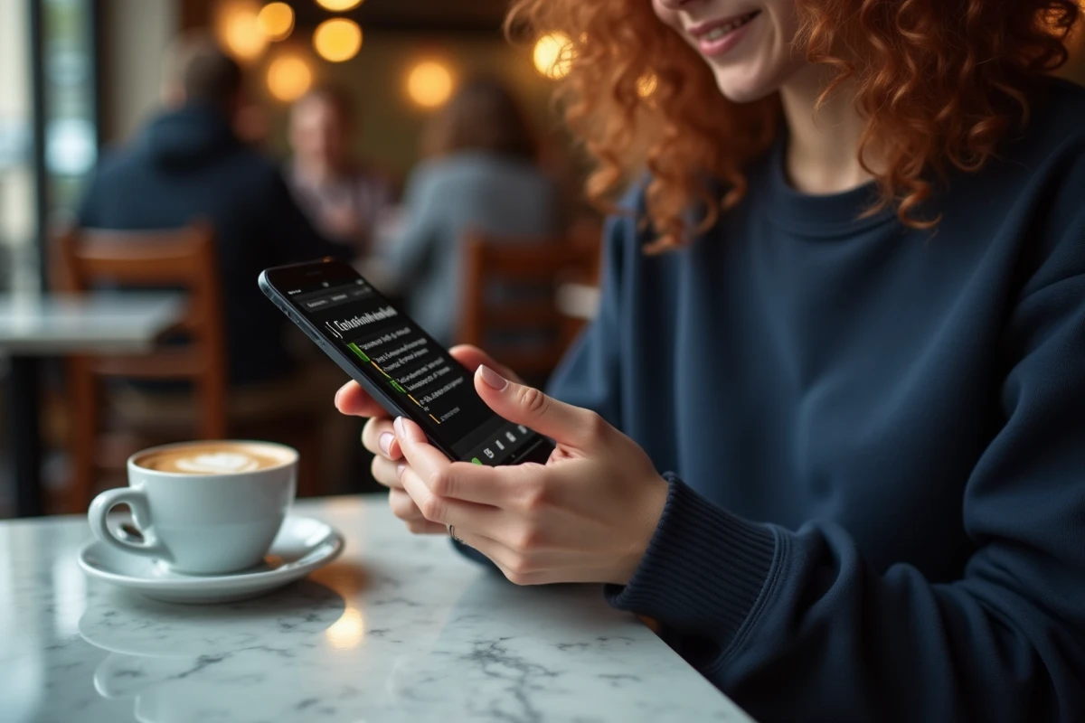 Jeune femme utilisant un smartphone dans un café pour écrire un È majuscule accentué en français