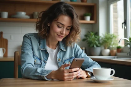 Jeune femme utilisant une appli MP3 sur smartphone dans un appartement