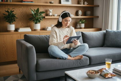 Jeune femme en détente regardant une tablette dans un salon chaleureux