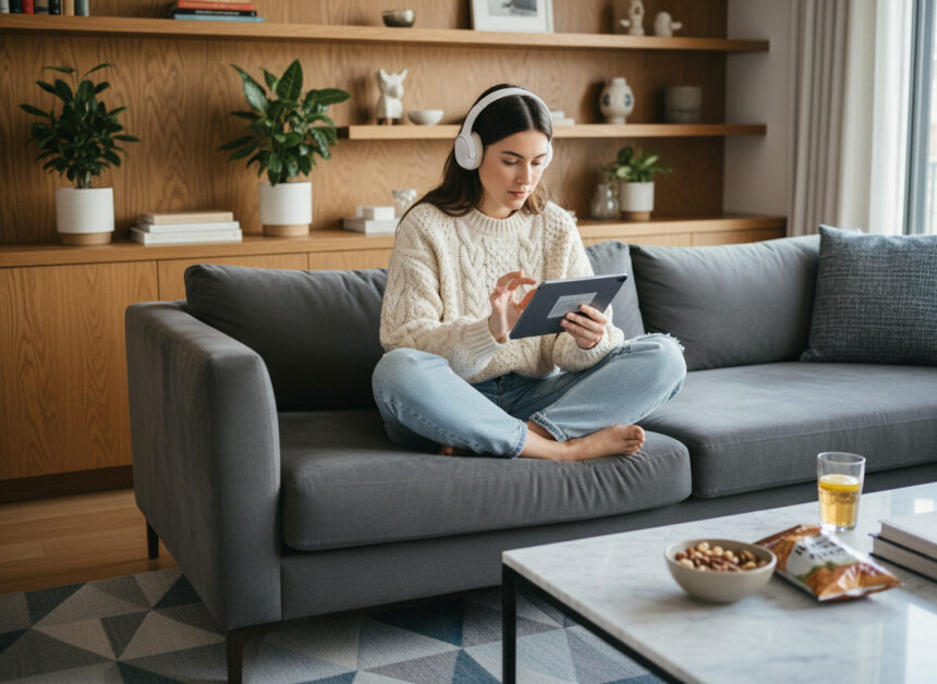 Jeune femme en détente regardant une tablette dans un salon chaleureux