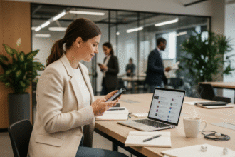Jeune femme professionnelle en coworking gestion réseaux sociaux