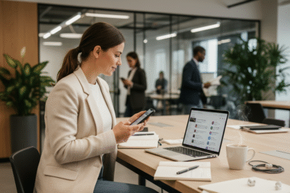 Jeune femme professionnelle en coworking gestion réseaux sociaux