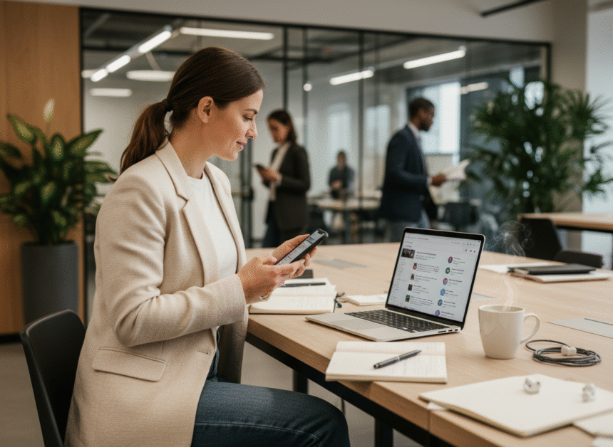 Jeune femme professionnelle en coworking gestion réseaux sociaux