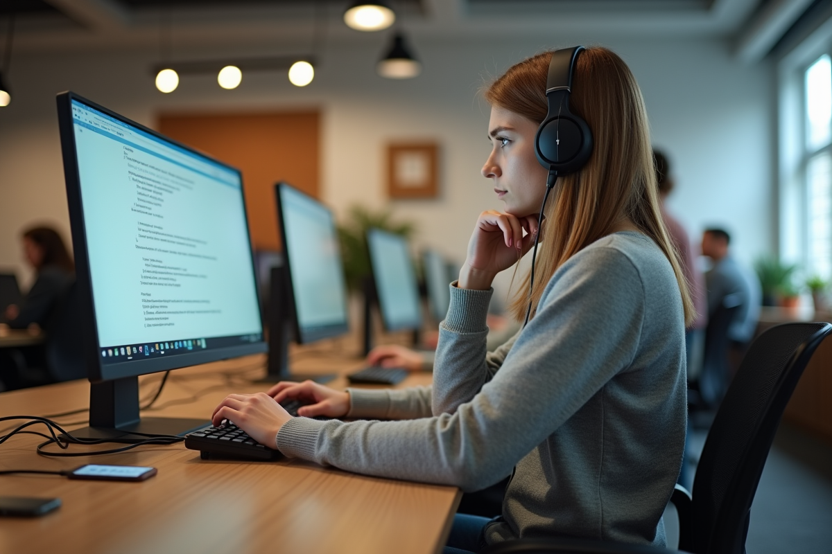 Jeune femme en discussion avec collègue dans open space