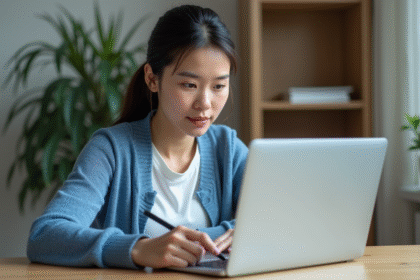Jeune femme utilisant un ordinateur portable dans un bureau moderne