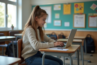 Jeune fille en classe utilisant Mon Bureau Numerique