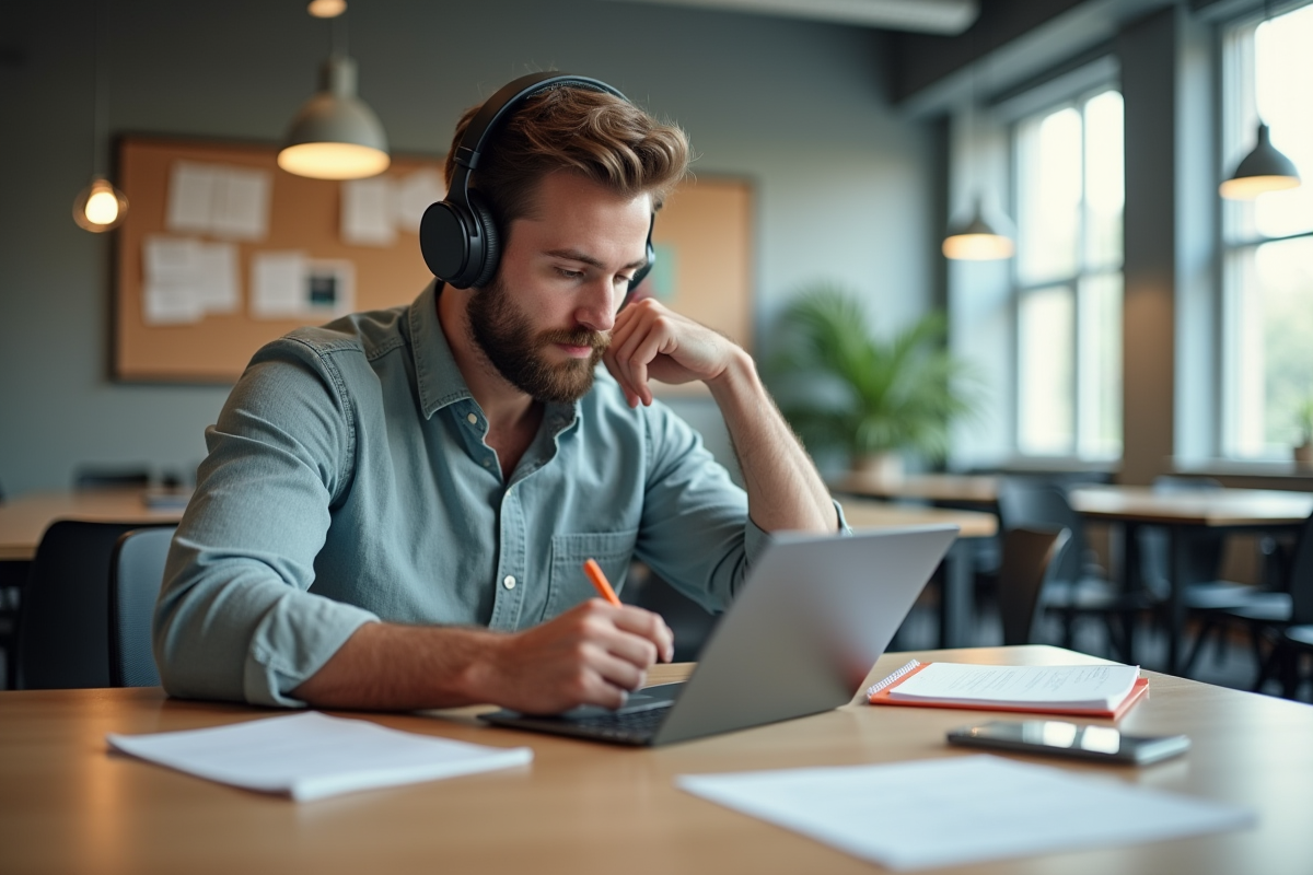 Jeune homme écoutant et transcrivant lors d