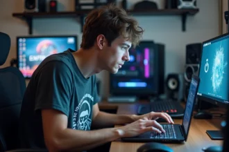 Jeune homme concentré sur son ordinateur gaming dans un bureau moderne