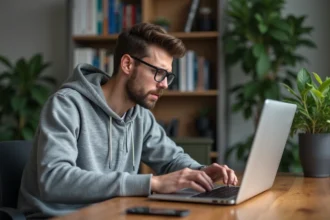 Jeune homme concentré face à un ordinateur avec erreur Uqload