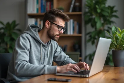 Jeune homme concentré face à un ordinateur avec erreur Uqload