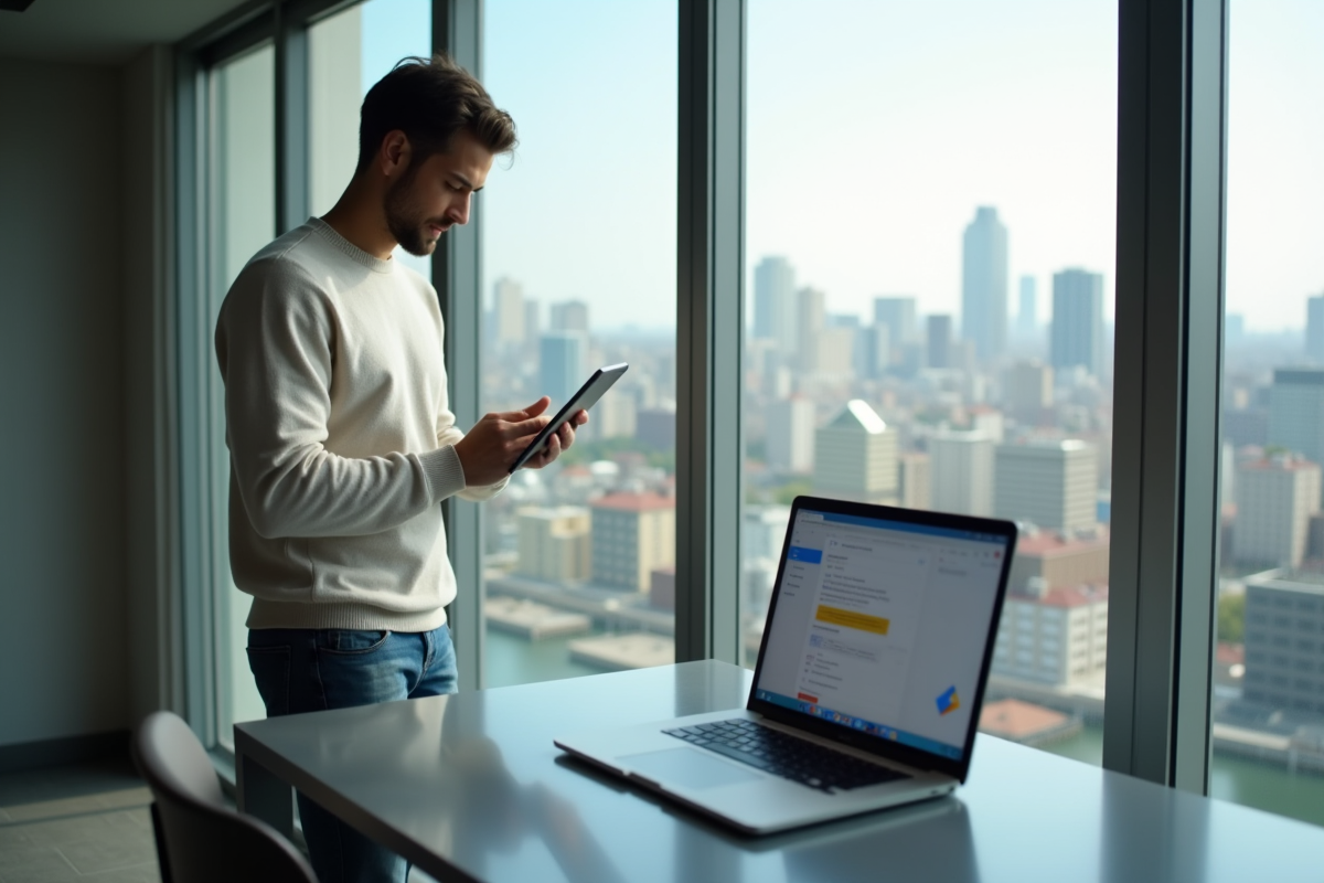 Jeune homme avec tablette dans un appartement urbain
