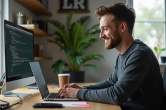 Jeune homme concentré travaillant sur un ordinateur portable