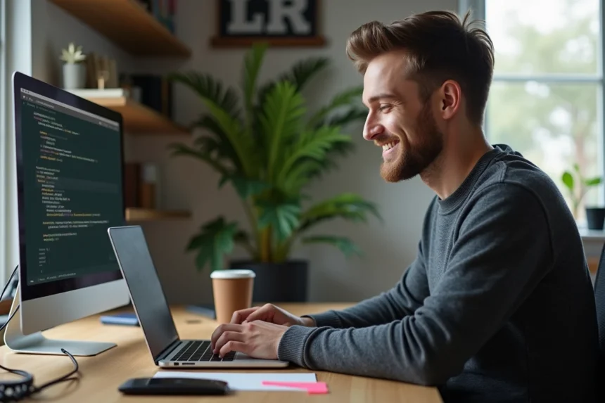 Jeune homme concentré travaillant sur un ordinateur portable