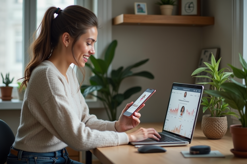 Jeune femme analysant ses statistiques Instagram dans un bureau moderne