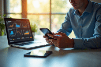 Jeune professionnel comparant des applications sociales sur deux smartphones