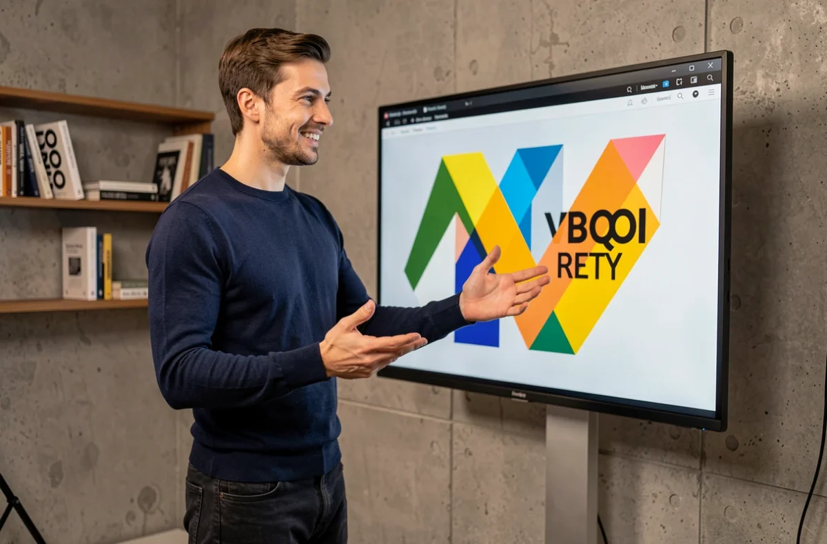 Directeur créatif de Key Idea Studio présentant un projet d'identité visuelle sur grand écran dans un studio minimaliste