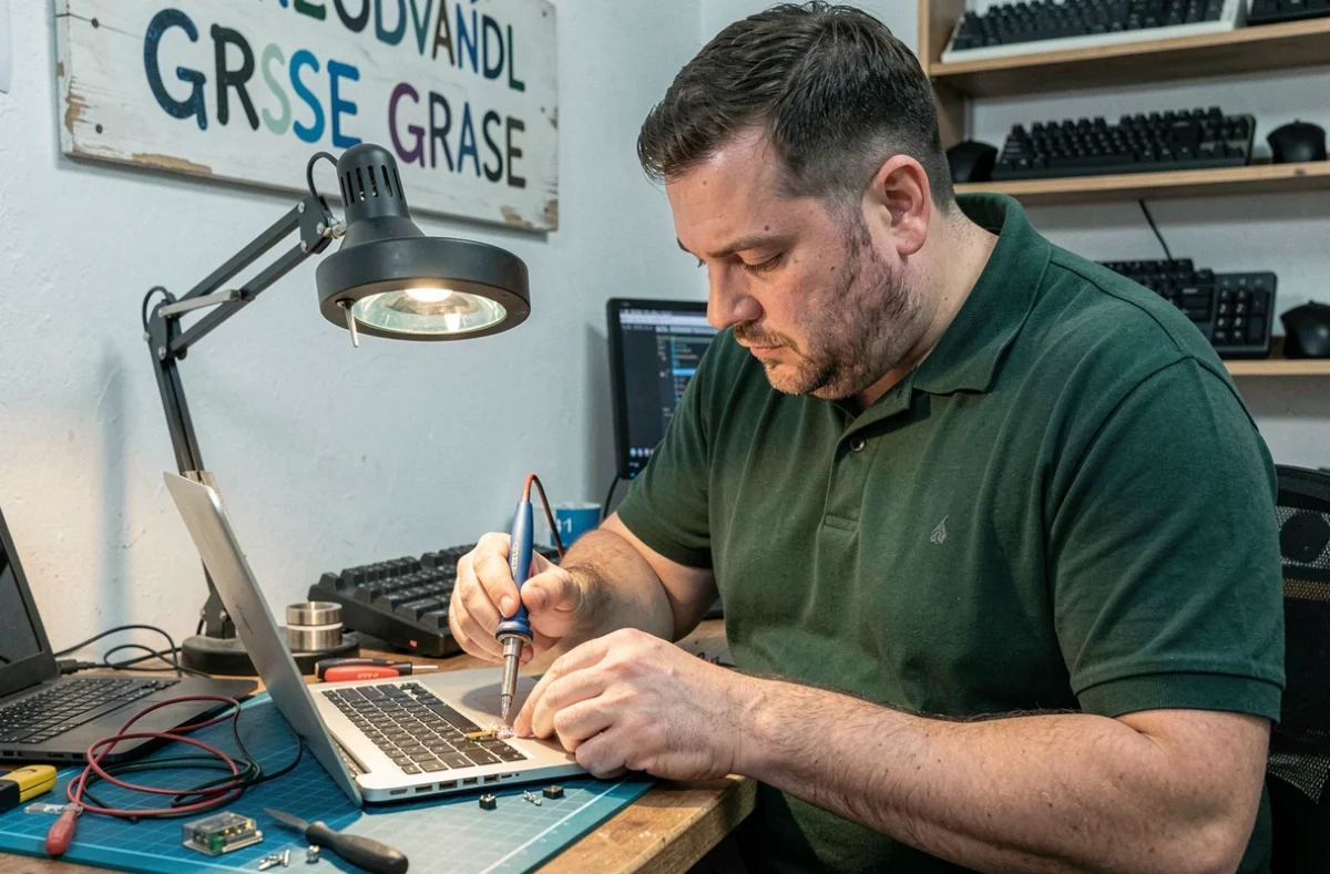 Réparateur de Komeputek soudant un port de charge de laptop dans son atelier de dépannage à Grasse
