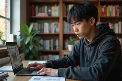 Jeune homme lisant des scans manga sur un ordinateur portable dans un bureau cosy entouré de livres illustrés