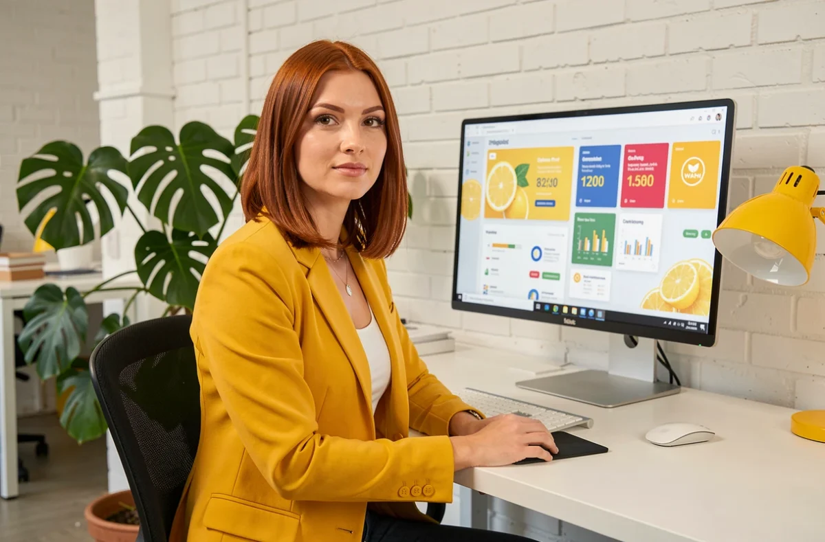 Stratège digitale de Lemon Interactive devant un tableau de bord de campagne coloré dans un bureau contemporain lumineux