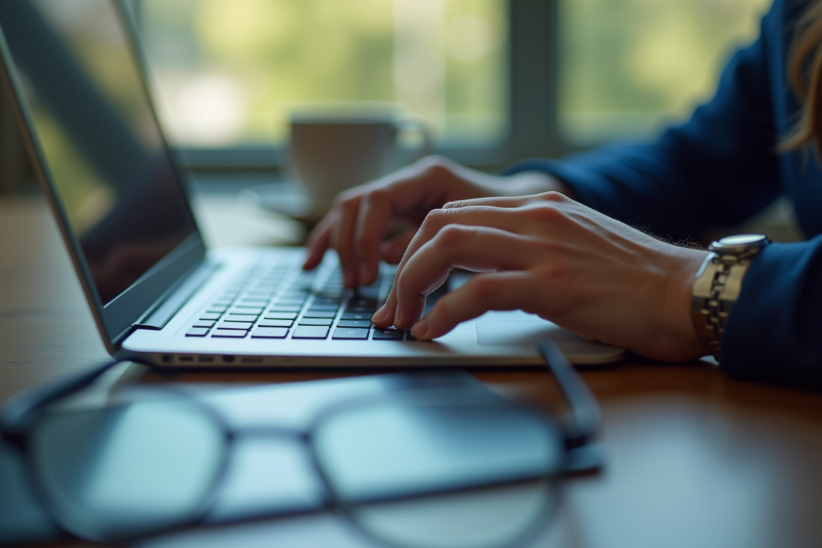 Mains tapant sur un clavier avec reflet d