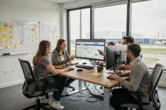 Équipe d'une agence de développement web du Pas-de-Calais collaborant autour d'écrans affichant des maquettes de sites web