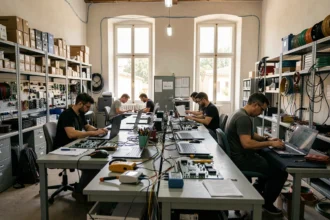 Vue d'ensemble d'un atelier de réparation informatique en Provence-Alpes-Côte d'Azur avec des techniciens au travail